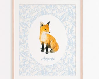 Vintage fox poster with floral pattern, children's room wall art, personalized baby gift, personalized children's poster, forest poster