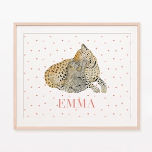 Personalized baby poster - Leopard mother cuddling her cub, surrounded by hearts - Unique children's decoration - Adorable birth gift