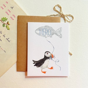 Carte de remerciement Macareux mignon pêchant un ballon poisson- Gratitude - carte faite à la main - aquarelle originale, carte merci