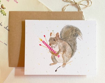 Carte d'anniversaire écureuil, Carte de fête - Carte de vœux - Bonne fête - Joyeux anniversaire - Écureuil aquarelle - bougie et allumettes