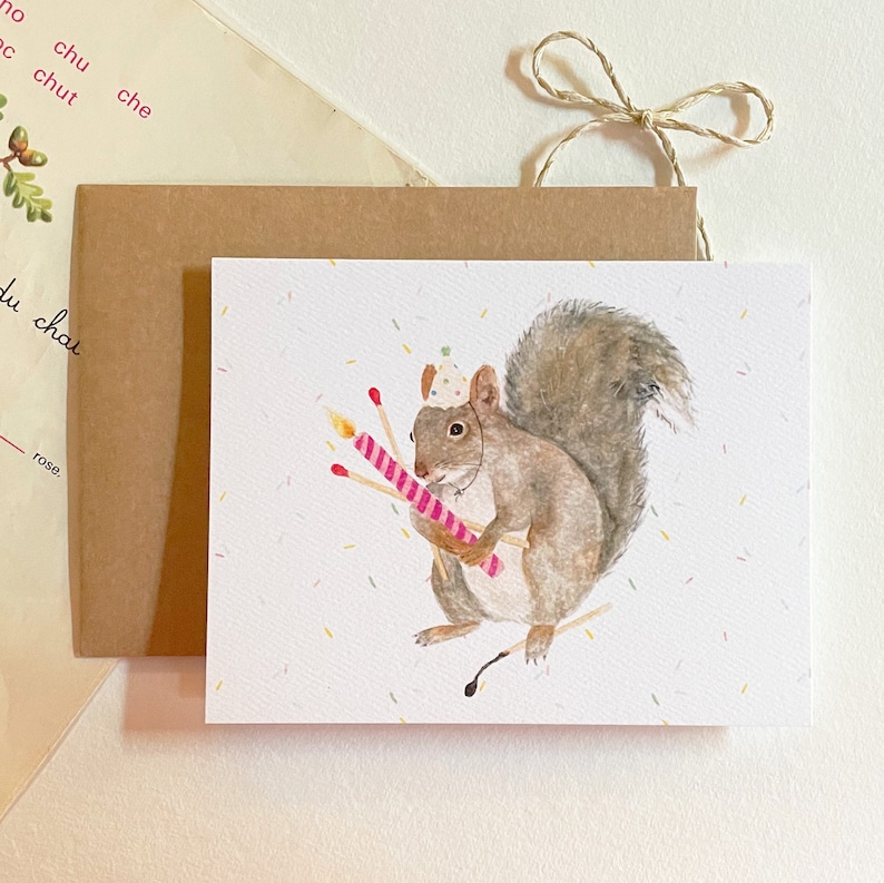 Squirrel Birthday Card, Party Card - Greeting Card - Happy Birthday - Watercolor Squirrel - Candle and Matches image 1
