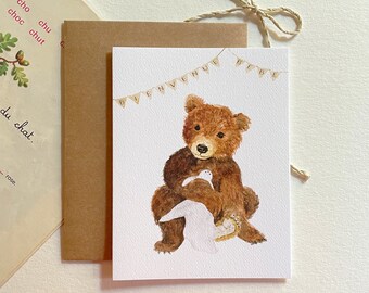 Baby card: Soft teddy bear holding his blanket - Congratulations and Welcome Baby - Watercolor bear - Baby gift
