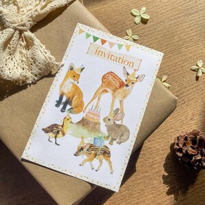 pre-filled children's birthday invitation card forest animals with party hats, fawn, fox, rabbit, wild boar, mixed