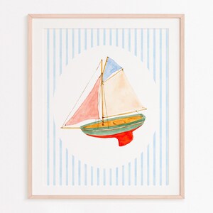 Poster personalizzato per bambini - barca giocattolo retrò in legno strisce blu ovale bianco - decorazione per la cameretta dei bambini - regalo di nascita