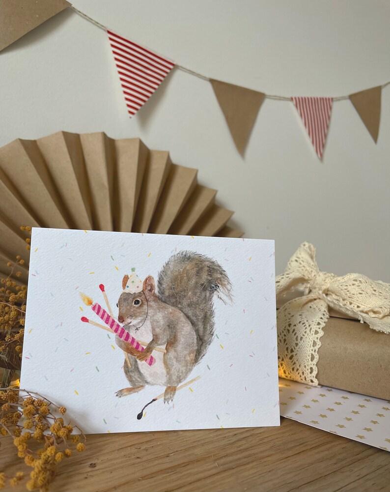 Squirrel Birthday Card, Party Card - Greeting Card - Happy Birthday - Watercolor Squirrel - Candle and Matches image 3