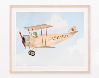 Old Retro Airplane, Vintage Poster, Wall Poster, Aviator Boy or Dog, Children's Room Decoration, Personalized Birth Gift