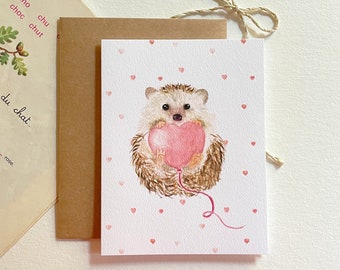 Baby Shower Card - Valentine's Day Card - Cute Hedgehog Hanging on a Heart-Shaped Balloon - Baby Congratulations - Watercolor