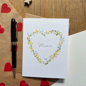 Watercolor Mother's Day greeting card, flower heart greeting card, spring floral card, handmade flower bouquet card