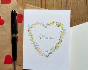 Watercolor Mother's Day greeting card, flower heart greeting card, spring floral card, handmade flower bouquet card