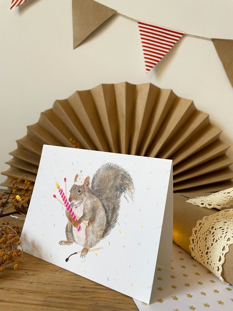 Squirrel Birthday Card, Party Card - Greeting Card - Happy Birthday - Watercolor Squirrel - Candle and Matches image 4