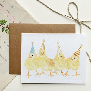 Carte d'anniversaire - Carte de souhait - Carte de vœux festive - Bonne fête - Joyeux anniversaire - Poussins mignons avec chapeaux de fête