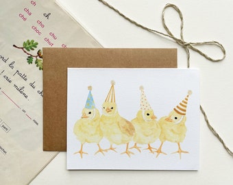 Birthday Card - Wish Card - Festive Greeting Card - Happy Birthday - Happy Birthday - Cute Chicks with Party Hats