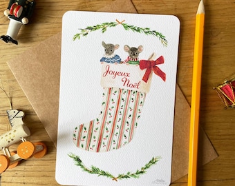 ネズミの靴下が付いた水彩画のクリスマスカード、グリーティングカード、オリジナルの水彩画、手作りのグリーティングカード、子供用のクリスマス文房具