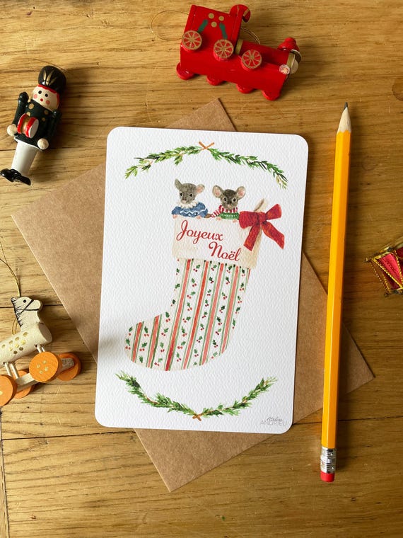 Carte de Noël aquarelle bas de Noël souris, carte de souhait, aquarelle originale, Carte de voeux faite à la main, papeterie de Noël enfant