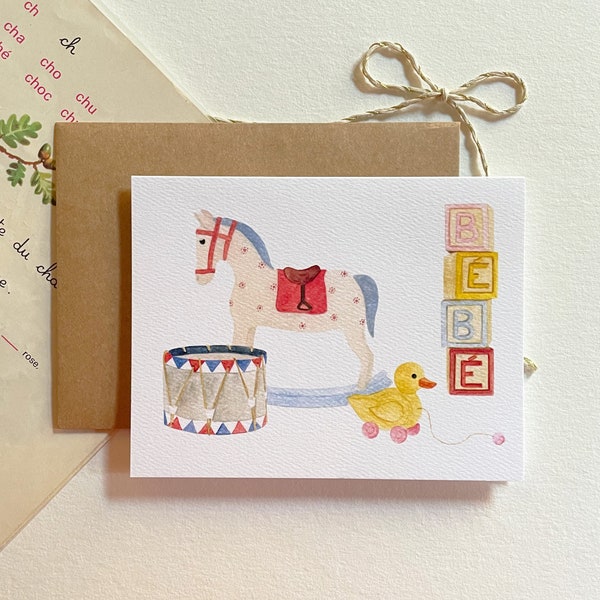 Carte de naissance - Cheval a bascule entouré de cubes et jouets vintages - Félicitations - Bienvenue Bébé - Aquarelle - cadeau de naissance