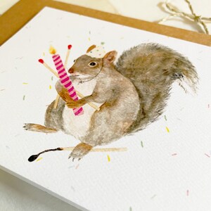 Squirrel Birthday Card, Party Card - Greeting Card - Happy Birthday - Watercolor Squirrel - Candle and Matches image 2