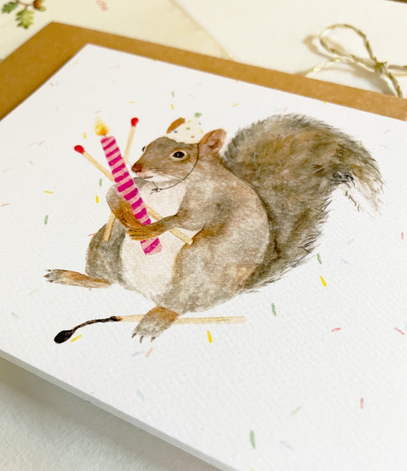 Squirrel Birthday Card, Party Card - Greeting Card - Happy Birthday - Watercolor Squirrel - Candle and Matches image 2