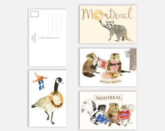 Postcard from Montreal: SET OF 4 CARDS - Raccoon, beavers, goose, skunk and squirrel, maple syrup, Montreal Canadiens -