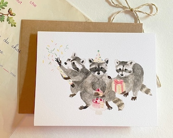 Birthday Card - Party Card - Greeting Card - Happy Birthday - Happy Birthday - 3 Cute Raccoons Confetti Gift