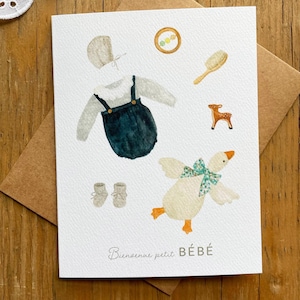 Carte de naissance bienvenue bébé, carte félicitations naissance, carte pour bébé tenue de naissance, carte de naissance trousseau bébé