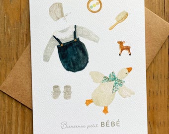 Welcome baby birth card, birth congratulations card, baby birth outfit card, baby trousseau birth card