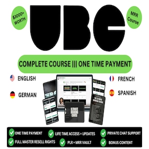 K&ouml;nnte beinhalten: Eine gr&uuml;ne und schwarze Grafik mit dem Wort "UBE" in gro&szlig;en schwarzen Buchstaben. Der Text "Complete Course ||| One Time Payment" befindet sich unter dem Wort "UBE". Die Grafik enth&auml;lt auch Bilder von Computerbildschirmen, Tablets und Handys, die alle den gleichen Kursinhalt zeigen. Der Text "3000+ &euro; Wert" befindet sich in der oberen linken Ecke, und der Text "MRR Course" befindet sich in der oberen rechten Ecke. Die Grafik enth&auml;lt auch Flaggen f&uuml;r Englisch, Deutsch, Franz&ouml;sisch und Spanisch.