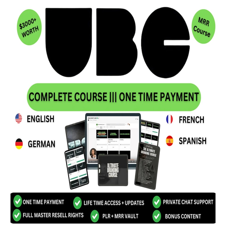 K&ouml;nnte beinhalten: Eine gr&uuml;ne und schwarze Grafik mit dem Wort "UBE" in gro&szlig;en schwarzen Buchstaben. Der Text "Complete Course ||| One Time Payment" befindet sich unter dem Wort "UBE". Die Grafik enth&auml;lt auch Bilder von Computerbildschirmen, Tablets und Handys, die alle den gleichen Kursinhalt zeigen. Der Text "3000+ &euro; Wert" befindet sich in der oberen linken Ecke, und der Text "MRR Course" befindet sich in der oberen rechten Ecke. Die Grafik enth&auml;lt auch Flaggen f&uuml;r Englisch, Deutsch, Franz&ouml;sisch und Spanisch.