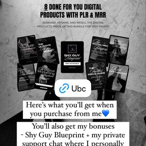 K&ouml;nnte beinhalten: Ein Schwarzwei&szlig;bild eines digitalen Produktpakets mit dem Text "UBC 8 DONE FOR YOU DIGITAL PRODUCTS WITH PLR & MRR" und "Here's what you'll get when you purchase from me" sowie einem blauen Herz-Emoji. Das Paket enth&auml;lt digitale Produkte wie "Shy Guy Blueprint", "The Ultimate Twitter Guide", "Faceless YouTube Automation", "Faceless TikTok Marketing", "The Digital Marketing Playbook", "The Social Media Blueprint", "Faceless Instagram Marketing", "The Faceless Reels Guide" und "Rich Off Content".