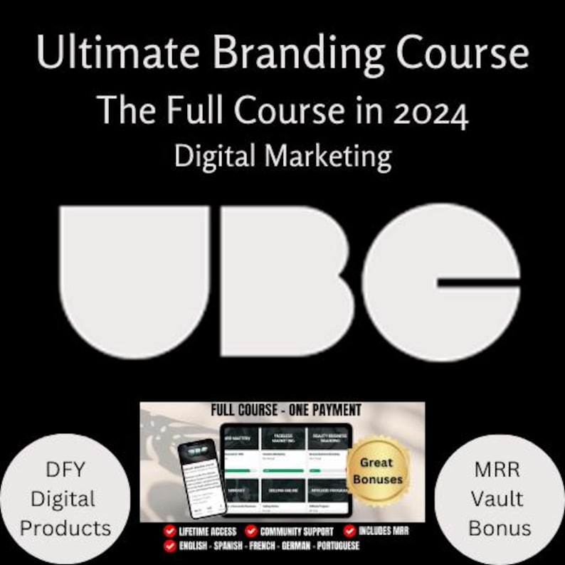K&ouml;nnte beinhalten: Ein digitaler Marketingkurs mit dem Titel "Ultimate Branding Course: The Full Course in 2024" mit dem Akronym "UBC" in wei&szlig;en Buchstaben auf schwarzem Hintergrund. Der Kurs beinhaltet lebenslangen Zugriff, Community-Support und einen MRR-Tresor-Bonus.