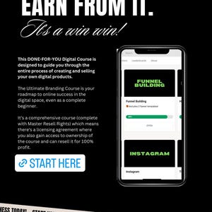 K&ouml;nnte beinhalten: Ein Schwarzwei&szlig;bild eines Smartphone-Bildschirms, auf dem ein digitaler Kurs zum Funnel-Building angezeigt wird. Der Bildschirm zeigt den Text "Funnel Building" und "Instagram" in gr&uuml;ner Schrift. Der Text "Learn from it. Earn from it. It's a win win!" wird in wei&szlig;er Schrift auf schwarzem Hintergrund angezeigt.