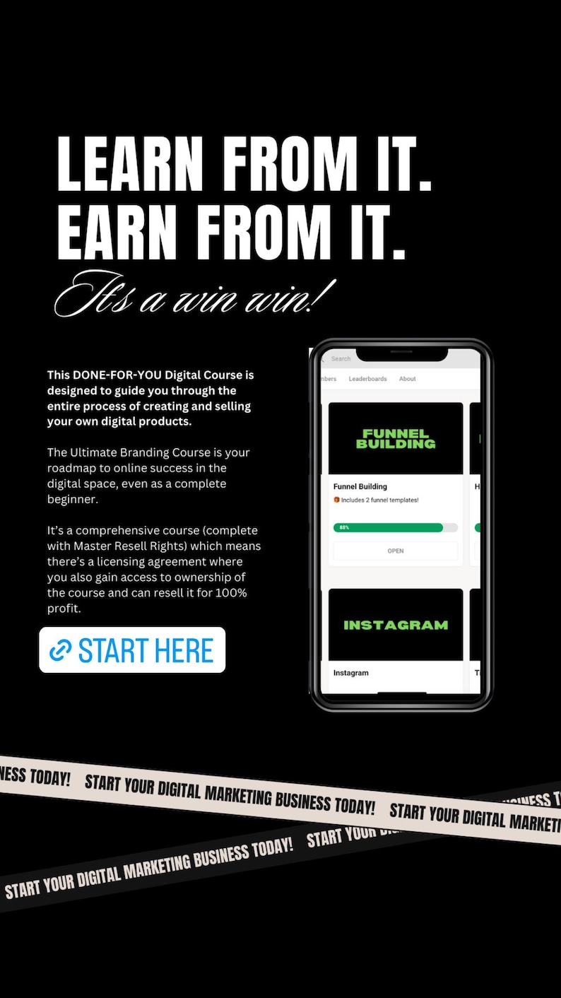K&ouml;nnte beinhalten: Ein Schwarzwei&szlig;bild eines Smartphone-Bildschirms, auf dem ein digitaler Kurs zum Funnel-Building angezeigt wird. Der Bildschirm zeigt den Text "Funnel Building" und "Instagram" in gr&uuml;ner Schrift. Der Text "Learn from it. Earn from it. It's a win win!" wird in wei&szlig;er Schrift auf schwarzem Hintergrund angezeigt.