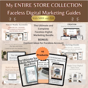 May include: A collection of 11 digital marketing guides for faceless accounts. The guides include topics such as social media accounts, content ideas, creating digital products, and starting a digital business. The guides are available with master resell rights.