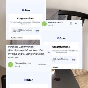 K&ouml;nnte beinhalten: Ein Screenshot eines Telefonbildschirms, der eine Benachrichtigung von "Friends at Stan" mit der Nachricht "Herzlichen Gl&uuml;ckwunsch! Diese Bestellung wurde automatisch f&uuml;r Sie ausgef&uuml;hrt! #Passivelncome Holen Sie sich jetzt meinen KOSTENLOSEN Leitfaden f&uuml;r digitales Marketing! Kaufdetails: KOSTENLOS" zeigt.