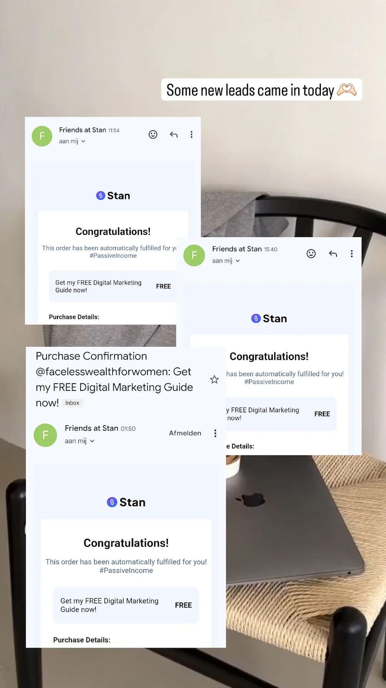 K&ouml;nnte beinhalten: Ein Screenshot eines Telefonbildschirms, der eine Benachrichtigung von "Friends at Stan" mit der Nachricht "Herzlichen Gl&uuml;ckwunsch! Diese Bestellung wurde automatisch f&uuml;r Sie ausgef&uuml;hrt! #Passivelncome Holen Sie sich jetzt meinen KOSTENLOSEN Leitfaden f&uuml;r digitales Marketing! Kaufdetails: KOSTENLOS" zeigt.