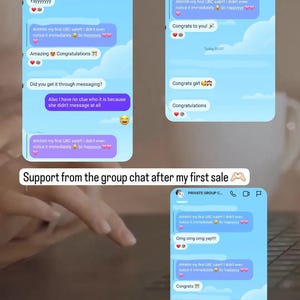 K&ouml;nnte beinhalten: Ein Screenshot eines Gruppenchats auf einem Mobiltelefon. Der Chat handelt von einem ersten Verkauf eines Produkts. Der Chat enth&auml;lt Nachrichten mit Gl&uuml;ckw&uuml;nschen und Unterst&uuml;tzung von den Gruppenmitgliedern. Der Text im Chat enth&auml;lt den Satz "Ahhhhh my first UBC sale!!! I didn't even notice it immediately So happyyyy".