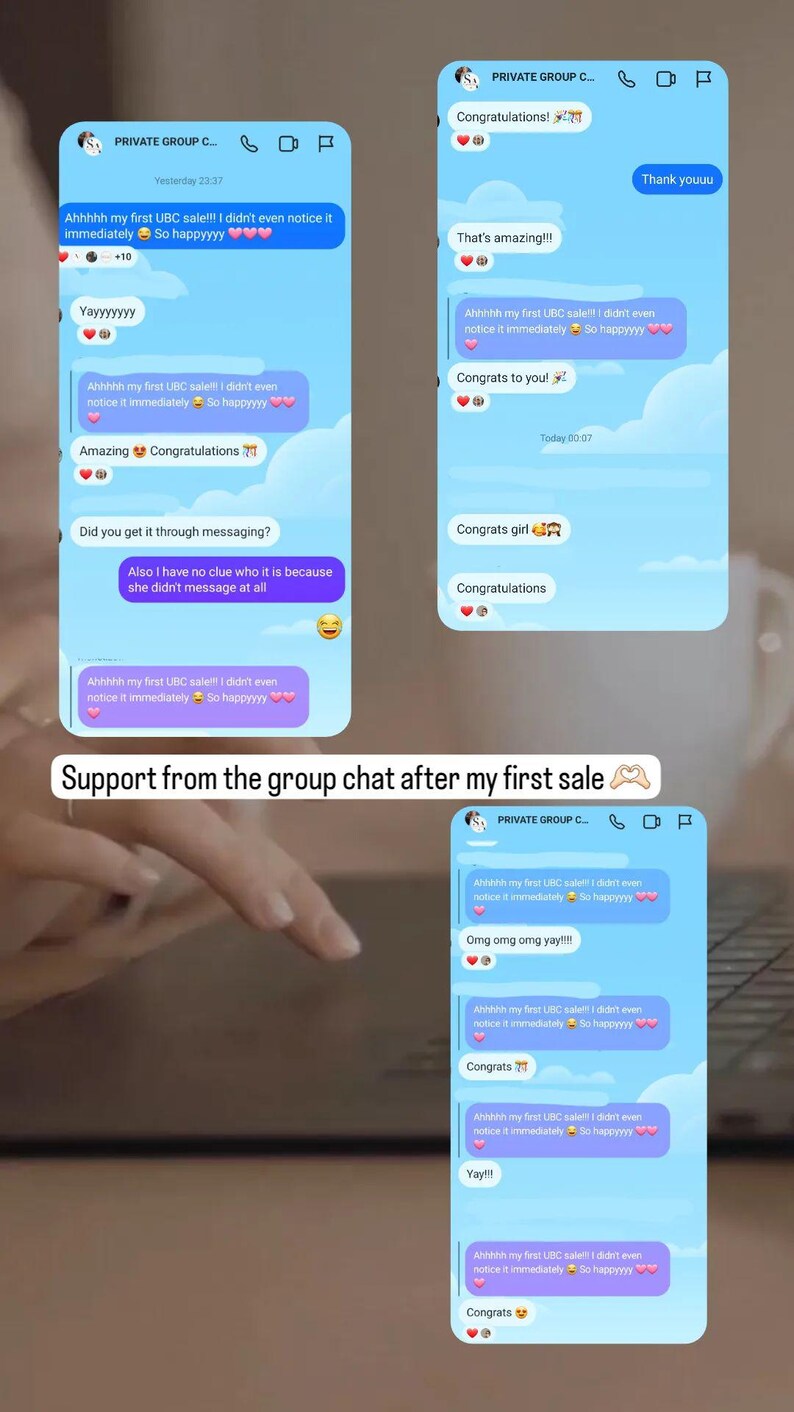 K&ouml;nnte beinhalten: Ein Screenshot eines Gruppenchats auf einem Mobiltelefon. Der Chat handelt von einem ersten Verkauf eines Produkts. Der Chat enth&auml;lt Nachrichten mit Gl&uuml;ckw&uuml;nschen und Unterst&uuml;tzung von den Gruppenmitgliedern. Der Text im Chat enth&auml;lt den Satz "Ahhhhh my first UBC sale!!! I didn't even notice it immediately So happyyyy".