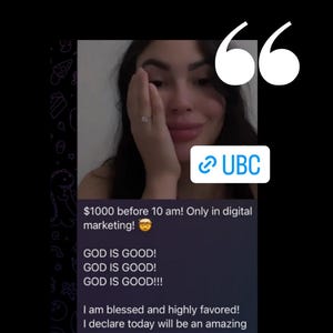 K&ouml;nnte beinhalten: Eine Frau l&auml;chelt und h&auml;lt ihre Hand in die Kamera, wobei sie einen Ring an ihrem Finger zeigt. Der Text auf dem Bildschirm lautet: "1000 $ vor 10 Uhr morgens! Nur im digitalen Marketing! GOTT IST GUT! GOTT IST GUT! GOTT IST GUT!!! Ich bin gesegnet und hoch beg&uuml;nstigt! Ich erkl&auml;re, dass dieser Tag ein erstaunlicher Tag sein wird! Ein Tag voller Freude, Liebe, Gesundheit und Segen! @SHYGUYMONEYYY"