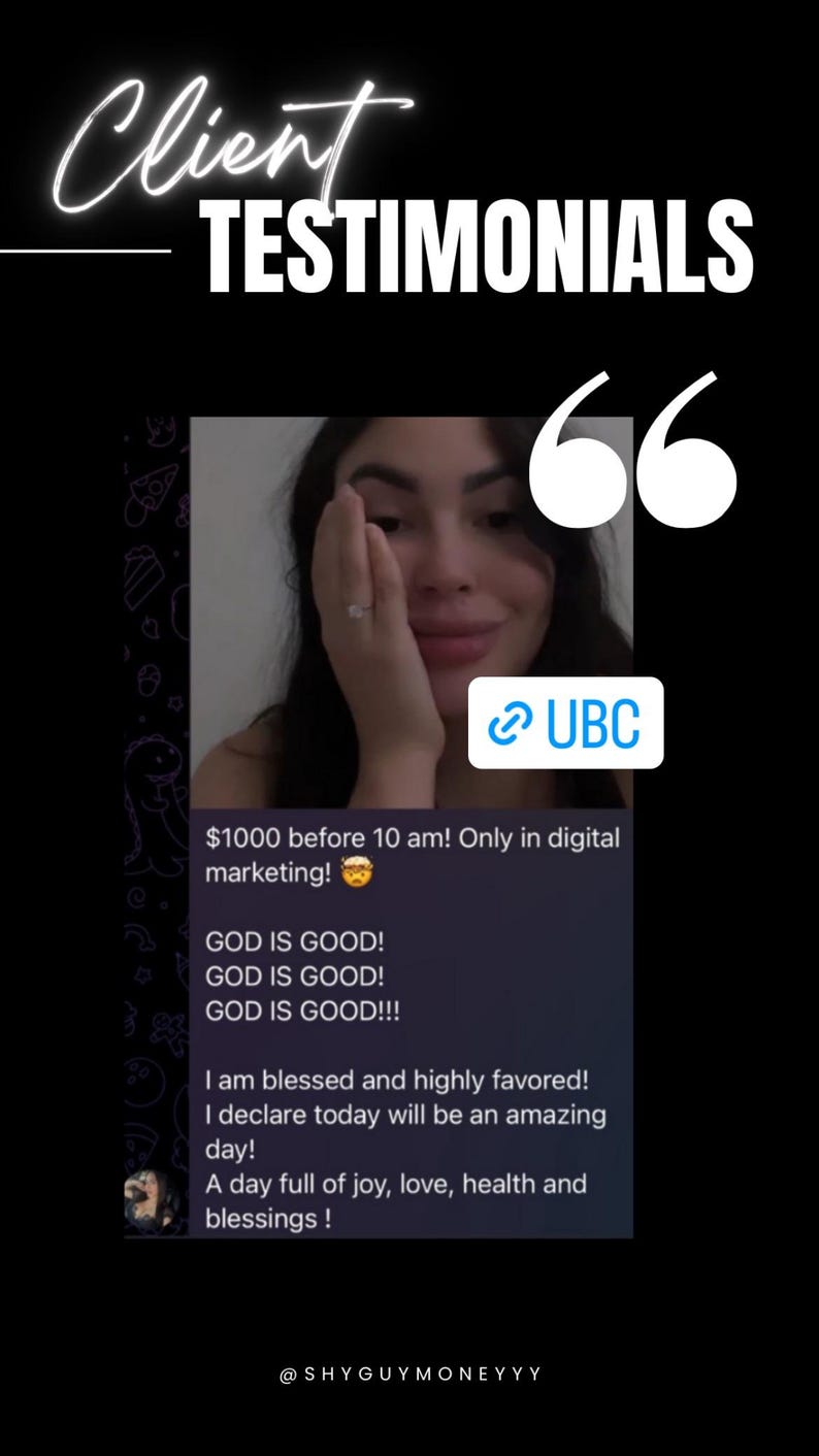 K&ouml;nnte beinhalten: Eine Frau l&auml;chelt und h&auml;lt ihre Hand in die Kamera, wobei sie einen Ring an ihrem Finger zeigt. Der Text auf dem Bildschirm lautet: "1000 $ vor 10 Uhr morgens! Nur im digitalen Marketing! GOTT IST GUT! GOTT IST GUT! GOTT IST GUT!!! Ich bin gesegnet und hoch beg&uuml;nstigt! Ich erkl&auml;re, dass dieser Tag ein erstaunlicher Tag sein wird! Ein Tag voller Freude, Liebe, Gesundheit und Segen! @SHYGUYMONEYYY"