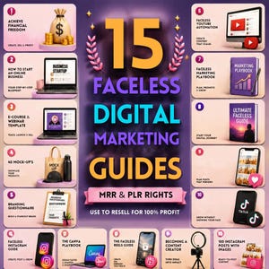 Könnte beinhalten: Eine Grafik für ein digitales Marketing-Paket mit dem Text 15 FACELESS DIGITAL MARKETING GUIDES MRR & PLR RIGHTS. Das Layout enthält fünfzehn nummerierte Abschnitte, die verschiedene digitale Produkte wie E-Books, Vorlagen und Leitfäden zeigen.