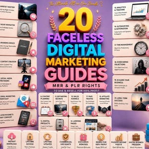 Faceless Starter Kit. 20 Top Selling Digital Marketing Guides. Digital products with MRR and PLR.