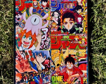 May include: A framed collage of four colorful Japanese manga magazine covers. The covers feature vibrant illustrations of anime characters and text in Japanese. The collage is displayed on a bed of green grass.