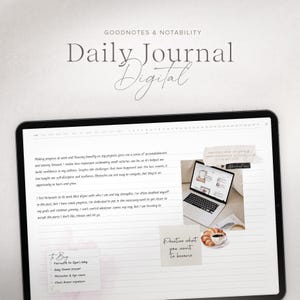 May include: A digital journal page with a white background and a handwritten entry about making progress at work and focusing on beauty in projects. The page also includes a laptop, a cup of coffee with a croissant, and a sticky note with the text "Practice what you want to become".