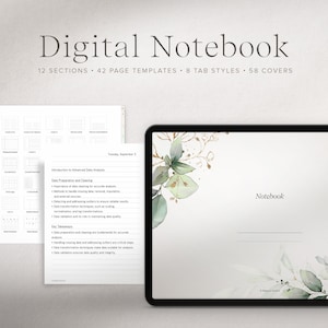 May include: A digital notebook app on a tablet with a green and gold floral design. The app has a section titled "Introduction to Advanced Data Analysis" with a list of topics including "Data Preparation and Cleaning" and "Key Takeaways".