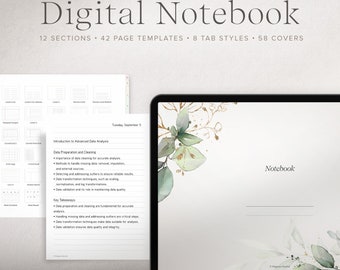 May include: A digital notebook app on a tablet with a green and gold floral design. The app has a section titled "Introduction to Advanced Data Analysis" with a list of topics including "Data Preparation and Cleaning" and "Key Takeaways".