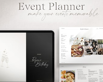 May include: A digital planner template for iPad on a white background. The planner is open to a page titled "Ryan's Birthday" with a black background and gold text. The next page shows a section for "Style & Decor" with a rustic and vintage theme. The page also includes a menu section with a list of starters, main courses, and desserts.