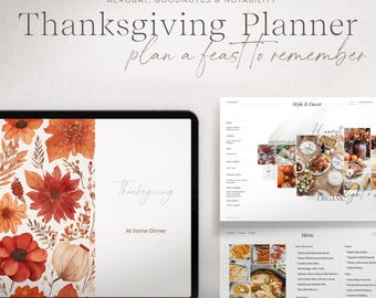 Puede incluir: Un planificador digital de Acción de Gracias con un diseño floral de acuarela en la portada. El planificador incluye secciones para planificar una cena de Acción de Gracias, incluyendo un menú, una lista de compras y un plano de asientos. El texto en la portada dice "Thanksgiving Planner" y "plan a feast to remember".