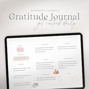 May include: A digital tablet screen displaying a gratitude journal template with sections for "Today's Vibes", "Today's Affirmation", "I feel thankful for", "What made me smile", "Act of Kindness", "I'm proud of", "Something I learned", and "A meaningful moment I had".