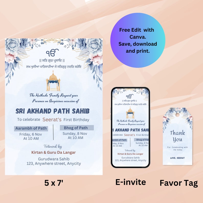 Mall för digital Canva-inbjudan till Sri Akhand Path Sahib | Inbjudan till första födelsedag | Sikhisk religiös ceremoni | anpassningsbar mall Canva bild 7