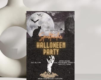 May include: Black and white Halloween party invitation with a spooky hand reaching out of the ground, a black cat, a full moon, and a spider web. The text reads "Join Us For A Spooktacular Halloween Party", "Oct 30, 7 PM", "James House, 2766, Anywhere Street N, Anycity, 12343", and "Wear Your Spooky Costume".