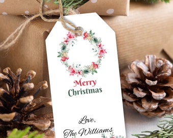 Editable Christmas Favor Tags Holiday Gift Tags Merry Christmas Holiday Tags Holiday Labels wreath Red Green download Printable Canva